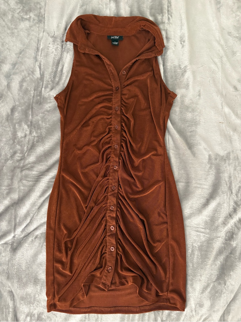 Ruched Button-Front Sleeveless Mini Dress in Rust